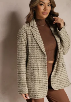 Szaro-Beżowa Tweedowa Marynarka Jednorzędowa z Ozdobnymi Guzikami Arielitta