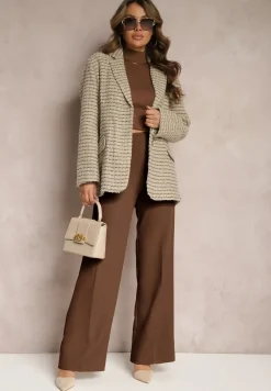 Szaro-Beżowa Tweedowa Marynarka Jednorzędowa z Ozdobnymi Guzikami Arielitta