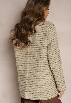 Szaro-Beżowa Tweedowa Marynarka Jednorzędowa z Ozdobnymi Guzikami Arielitta