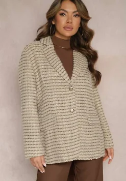 Szaro-Beżowa Tweedowa Marynarka Jednorzędowa z Ozdobnymi Guzikami Arielitta