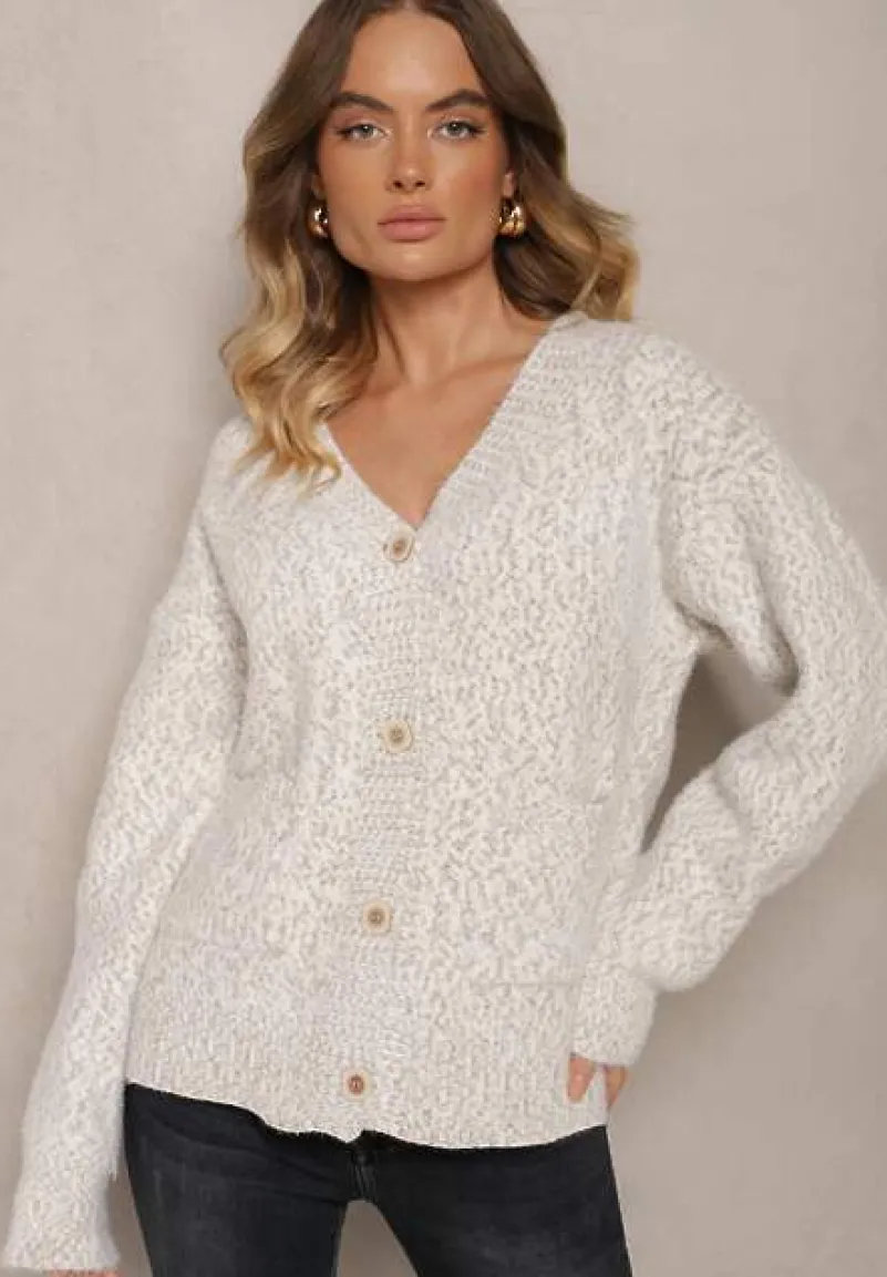 Szaro-Beżowy Rozpinany Kardigan z Wiskozą Ozdobiony Wsuwanymi Kieszeniami Ewenevia