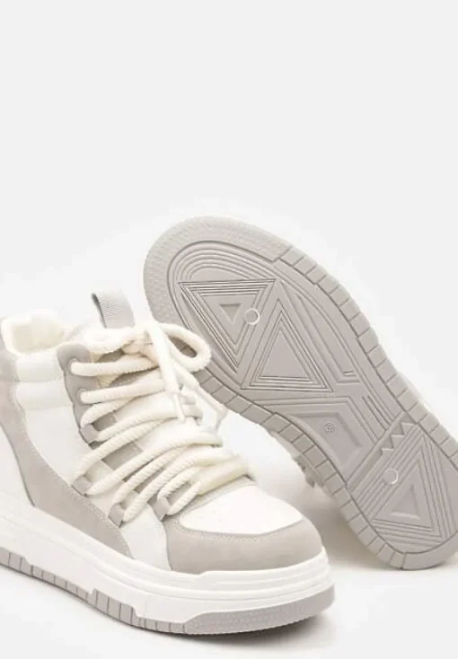 Szaro-Białe Sneakersy na Platformie z Wysoką Cholewką Futerkiem i Sznurowaniem Tamrion