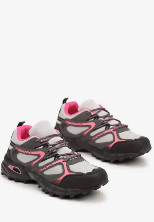 Szaro-Fuksjowe Buty Sportowe Sneakersy na Płaskiej Podeszwie ze Sznurowaniem i Geometrycznym Wzorem Raivi