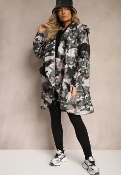 Szaro-Zielona Niezapinana Kurtka Wiatrówka z Troczkami i Nieodpinanym Kapturem Irilani