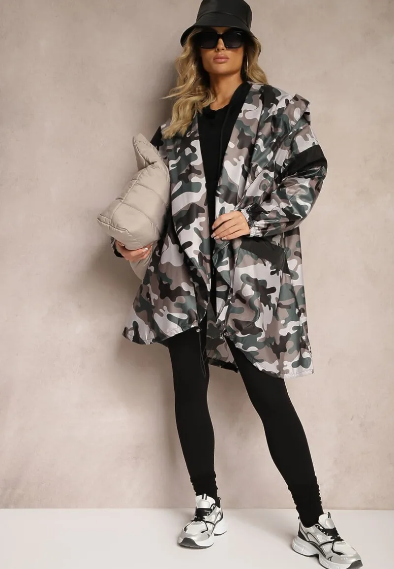 Szaro-Zielona Niezapinana Kurtka Wiatrówka z Troczkami i Nieodpinanym Kapturem Irilani