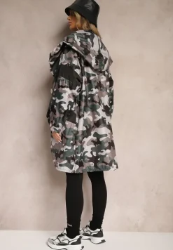 Szaro-Zielona Niezapinana Kurtka Wiatrówka z Troczkami i Nieodpinanym Kapturem Irilani