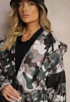 Szaro-Zielona Niezapinana Kurtka Wiatrówka z Troczkami i Nieodpinanym Kapturem Irilani