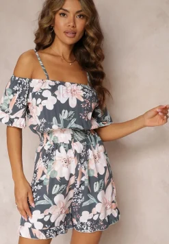 Szaro-Zielony Kombinezon z Opuszczonymi Rękawami i Gumkami w Pasie Gelissa