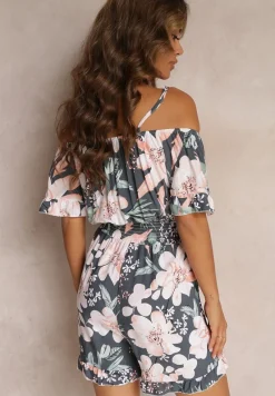 Szaro-Zielony Kombinezon z Opuszczonymi Rękawami i Gumkami w Pasie Gelissa