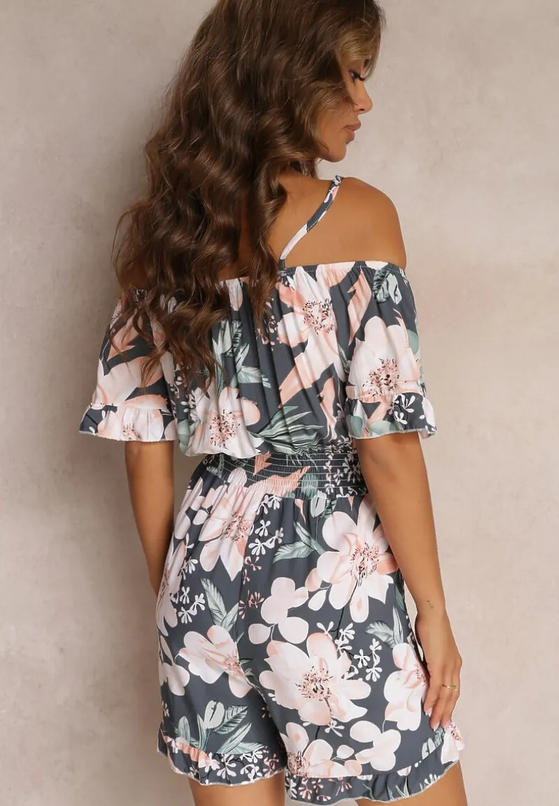 Szaro-Zielony Kombinezon z Opuszczonymi Rękawami i Gumkami w Pasie Gelissa