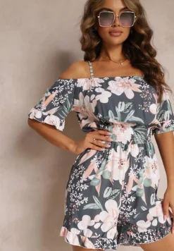 Szaro-Zielony Kombinezon z Opuszczonymi Rękawami i Gumkami w Pasie Gelissa