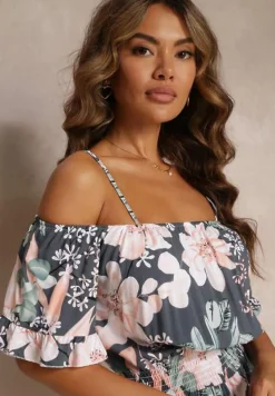 Szaro-Zielony Kombinezon z Opuszczonymi Rękawami i Gumkami w Pasie Gelissa