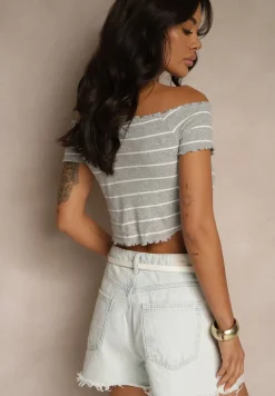 Szary Bawełniany Top Hiszpanka Ozdobiony Paskami Lirasora