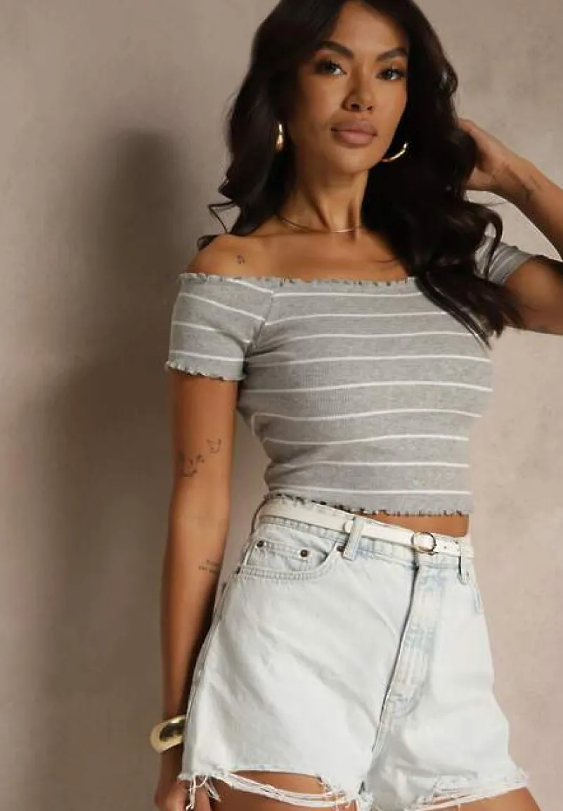 Szary Bawełniany Top Hiszpanka Ozdobiony Paskami Lirasora