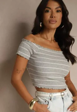 Szary Bawełniany Top Hiszpanka Ozdobiony Paskami Lirasora