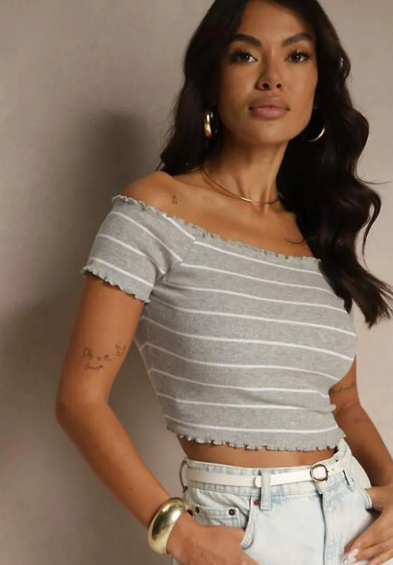 Szary Bawełniany Top Hiszpanka Ozdobiony Paskami Lirasora
