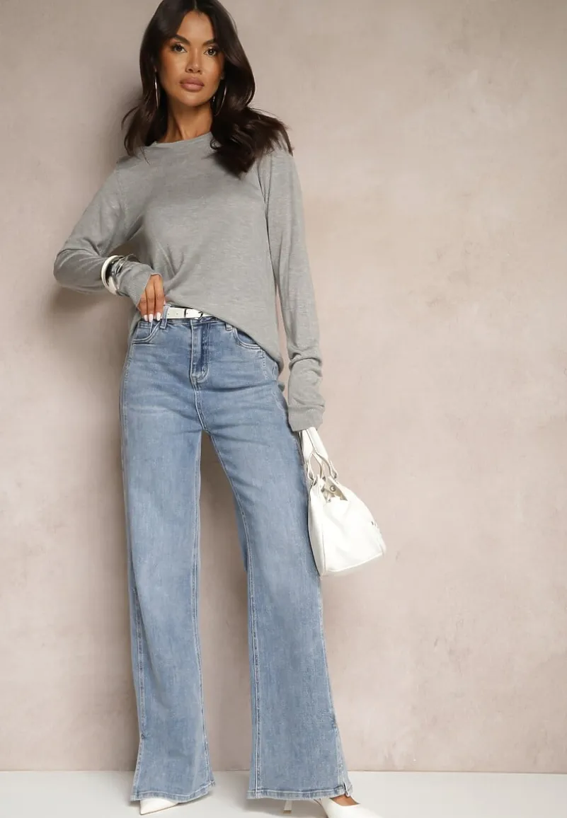 Szary Casualowy Sweter z Dzianiny z Wiskozą Isavia