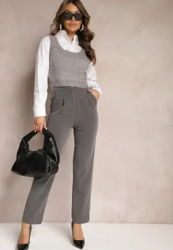 Szary 2-Częściowy Komplet Koszula i Dzianinowy Top o Krótkim Fasonie Tarilena