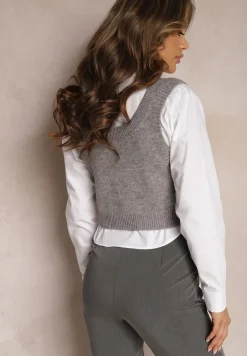 Szary 2-Częściowy Komplet Koszula i Dzianinowy Top o Krótkim Fasonie Tarilena