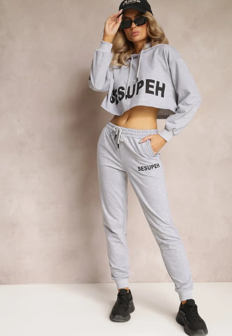 Szary 3-częściowy Komplet z Topem Bluzą i Spodniami Dresowymi Klomenna