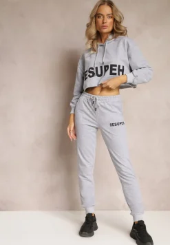 Szary 3-częściowy Komplet z Topem Bluzą i Spodniami Dresowymi Klomenna