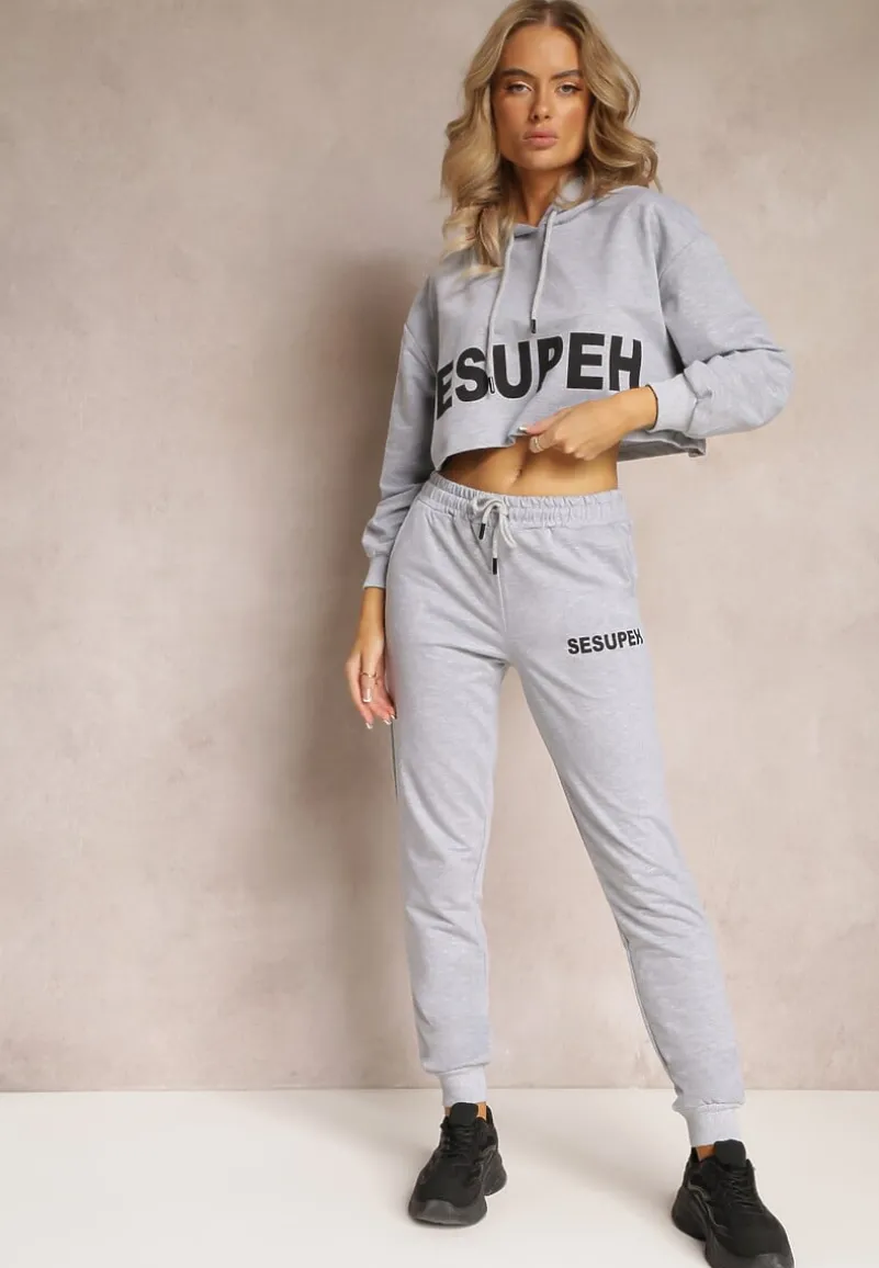 Szary 3-częściowy Komplet z Topem Bluzą i Spodniami Dresowymi Klomenna