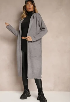 Szary Długi Kardigan Niezapinany z Bawełną Wełną Kapturem i Wsuwanymi Kieszeniami Zozira