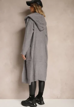 Szary Długi Kardigan Niezapinany z Bawełną Wełną Kapturem i Wsuwanymi Kieszeniami Zozira