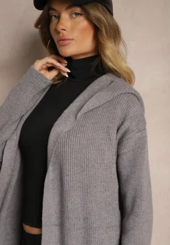 Szary Długi Kardigan Niezapinany z Bawełną Wełną Kapturem i Wsuwanymi Kieszeniami Zozira