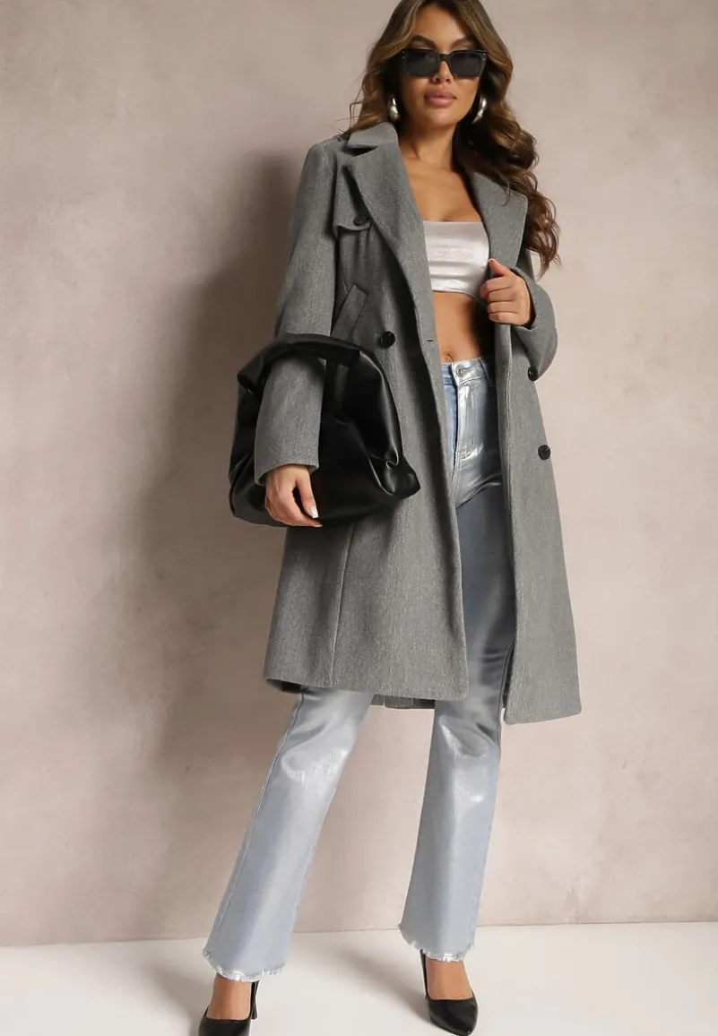 Szary Dwurzędowy Płaszcz z Wiskozy z Paskiem w Talii Beluna