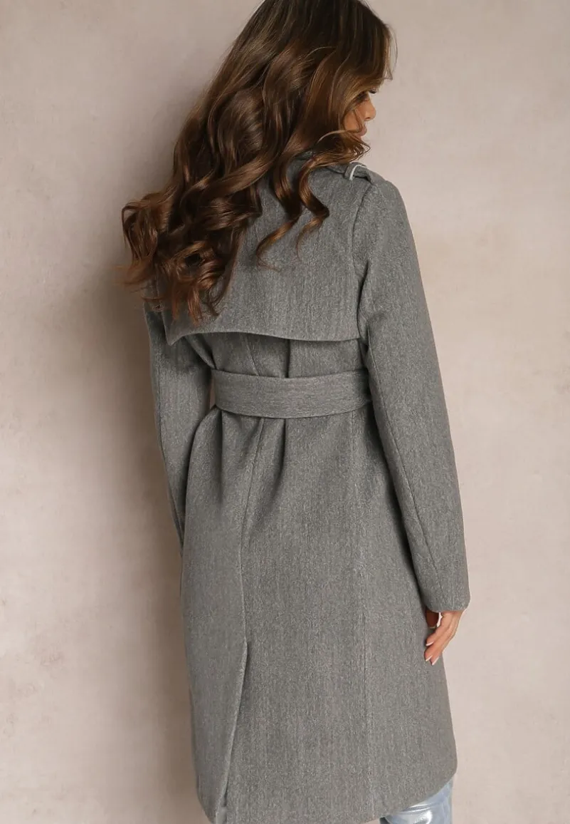 Szary Dwurzędowy Płaszcz z Wiskozy z Paskiem w Talii Beluna