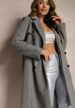 Szary Dwurzędowy Płaszcz z Wiskozy z Paskiem w Talii Beluna