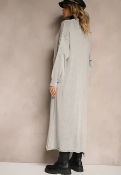 Szary Jednolity Kardigan o Przedłużonym Kroju ze Ściągaczami Terrin