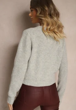 Szary Kardigan z Dodatkiem Wełny na Guziki z Kwiatami 3D Zemisya