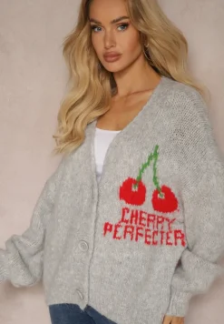 Szary Kardigan z Domieszką Wełny z Napisem i Wiśnią Benana