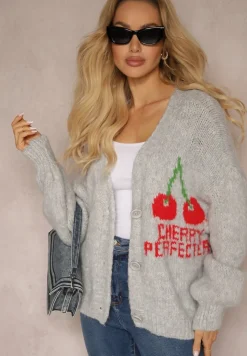 Szary Kardigan z Domieszką Wełny z Napisem i Wiśnią Benana