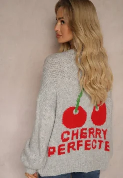 Szary Kardigan z Domieszką Wełny z Napisem i Wiśnią Benana