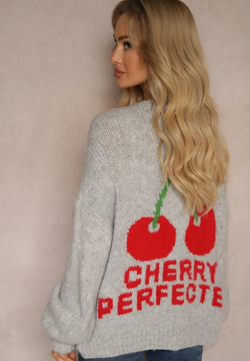 Szary Kardigan z Domieszką Wełny z Napisem i Wiśnią Benana
