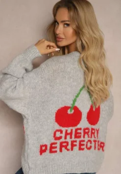 Szary Kardigan z Domieszką Wełny z Napisem i Wiśnią Benana