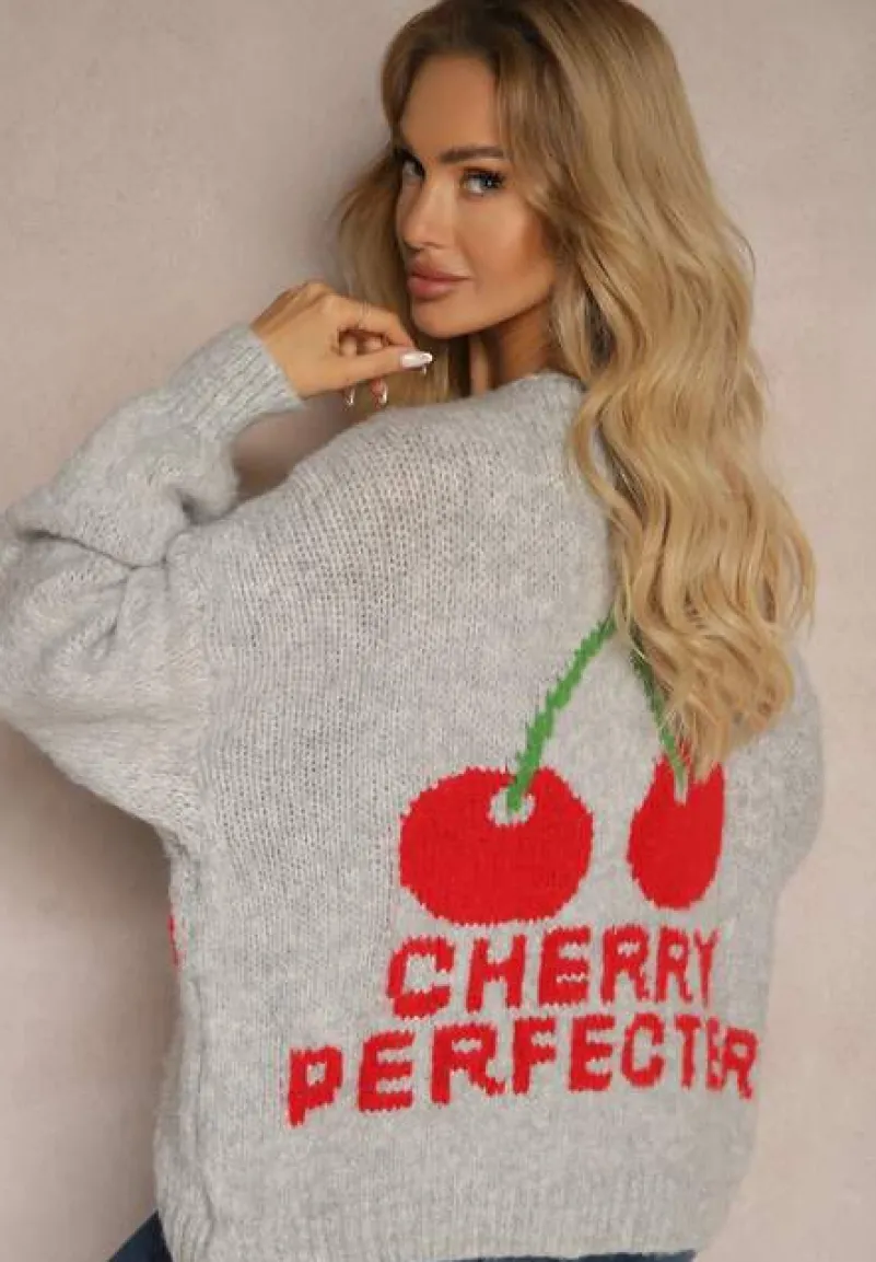 Szary Kardigan z Domieszką Wełny z Napisem i Wiśnią Benana