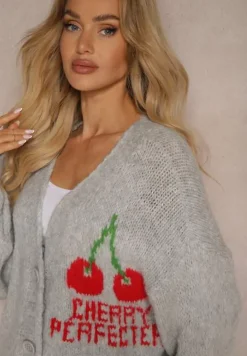 Szary Kardigan z Domieszką Wełny z Napisem i Wiśnią Benana