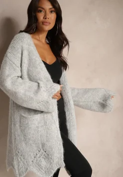 Szary Kardigan z Wełną Ozdobiony Wsuwanymi Kieszeniami i Ażurowym Motywem Elliosia