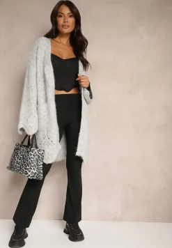 Szary Kardigan z Wełną Ozdobiony Wsuwanymi Kieszeniami i Ażurowym Motywem Elliosia
