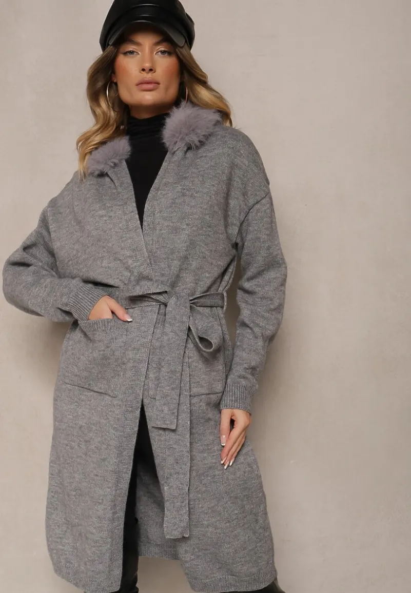 Szary Kardigan z Wełną Wiązany w Pasie z Kapturem z Odpinanym Futerkiem Besiyana