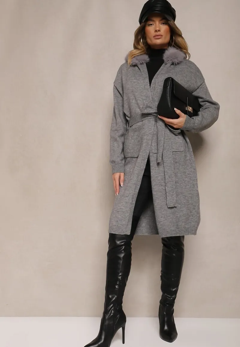 Szary Kardigan z Wełną Wiązany w Pasie z Kapturem z Odpinanym Futerkiem Besiyana