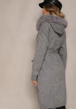 Szary Kardigan z Wełną Wiązany w Pasie z Kapturem z Odpinanym Futerkiem Besiyana