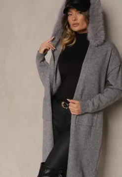 Szary Kardigan z Wełną Wiązany w Pasie z Kapturem z Odpinanym Futerkiem Besiyana