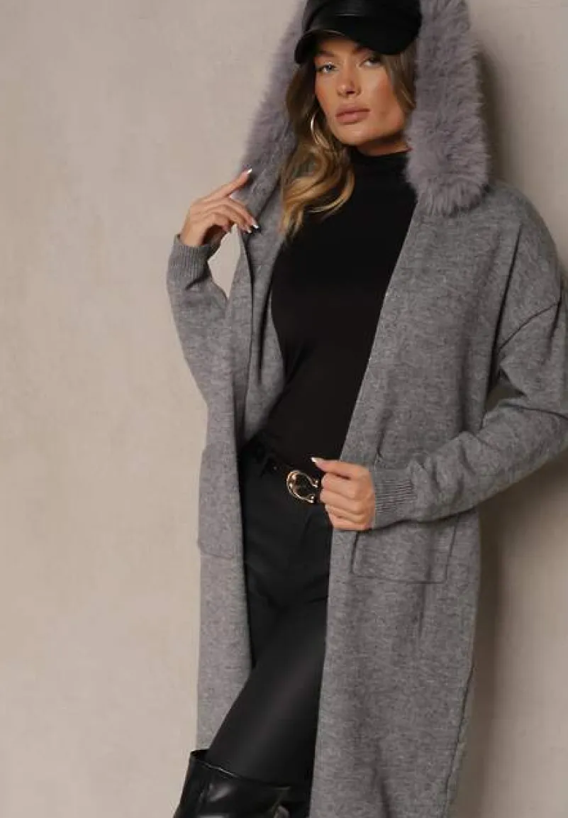 Szary Kardigan z Wełną Wiązany w Pasie z Kapturem z Odpinanym Futerkiem Besiyana