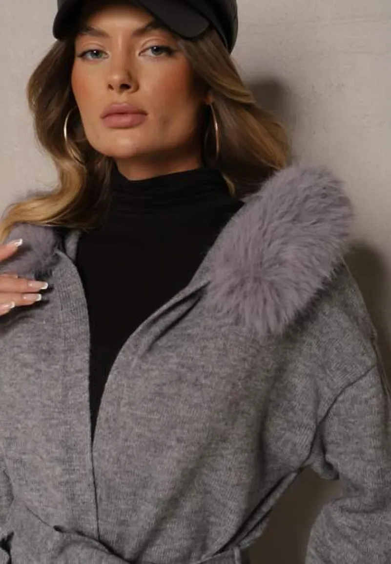 Szary Kardigan z Wełną Wiązany w Pasie z Kapturem z Odpinanym Futerkiem Besiyana