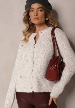 Szary Kardigan z Wiskozą Ozdobiony Imitacją Kieszeni i Guzikami Nomilira